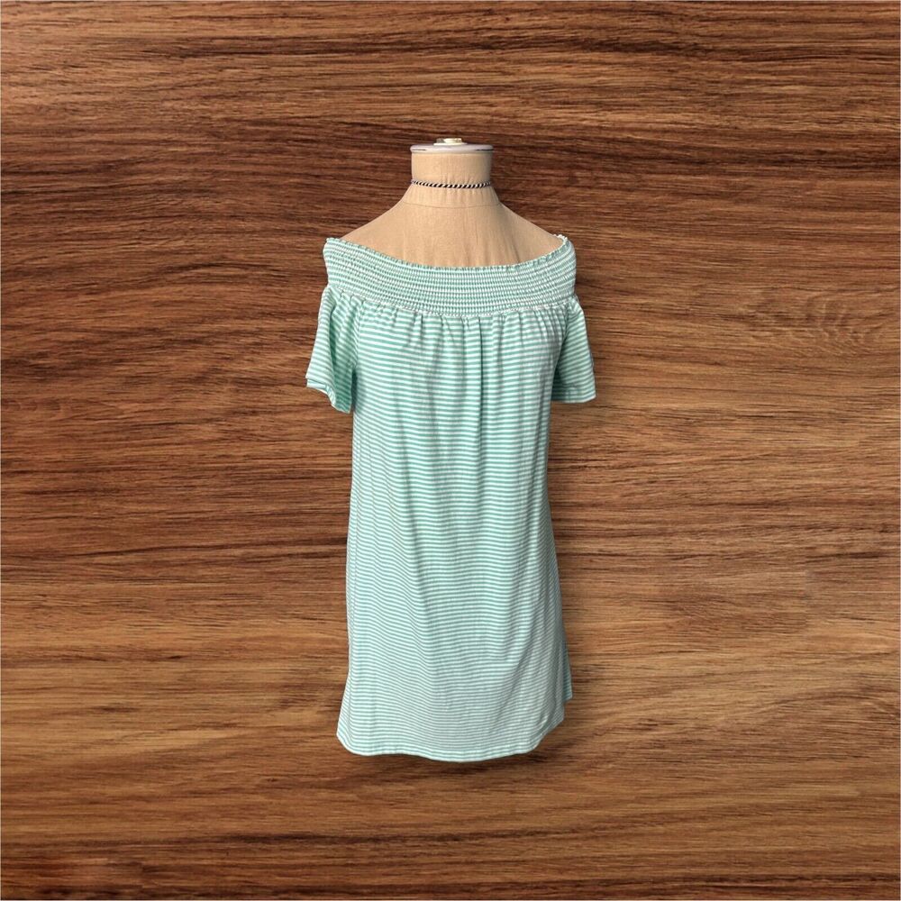 Vineyard Vines Green & White Stripe Off Shoulder Knit Preppy Nautical Coastal Dr